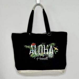 ISLAND ACCENT -Black Canvas Aloha Hawaii Tote Bag - Floral Tropical Vacation NEW